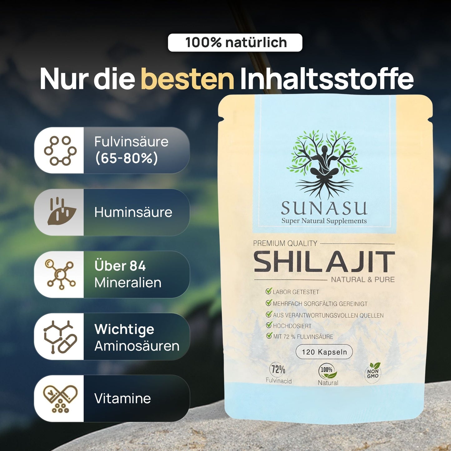 Shilajit 120 Kapseln - 500mg pro Kapsel - 72% Fulvinsäure - Hergestellt in Deutschland - SUNASU Premium Shilajit und Nahrungsergänzungsmittel für mehr Vitalität und Energie