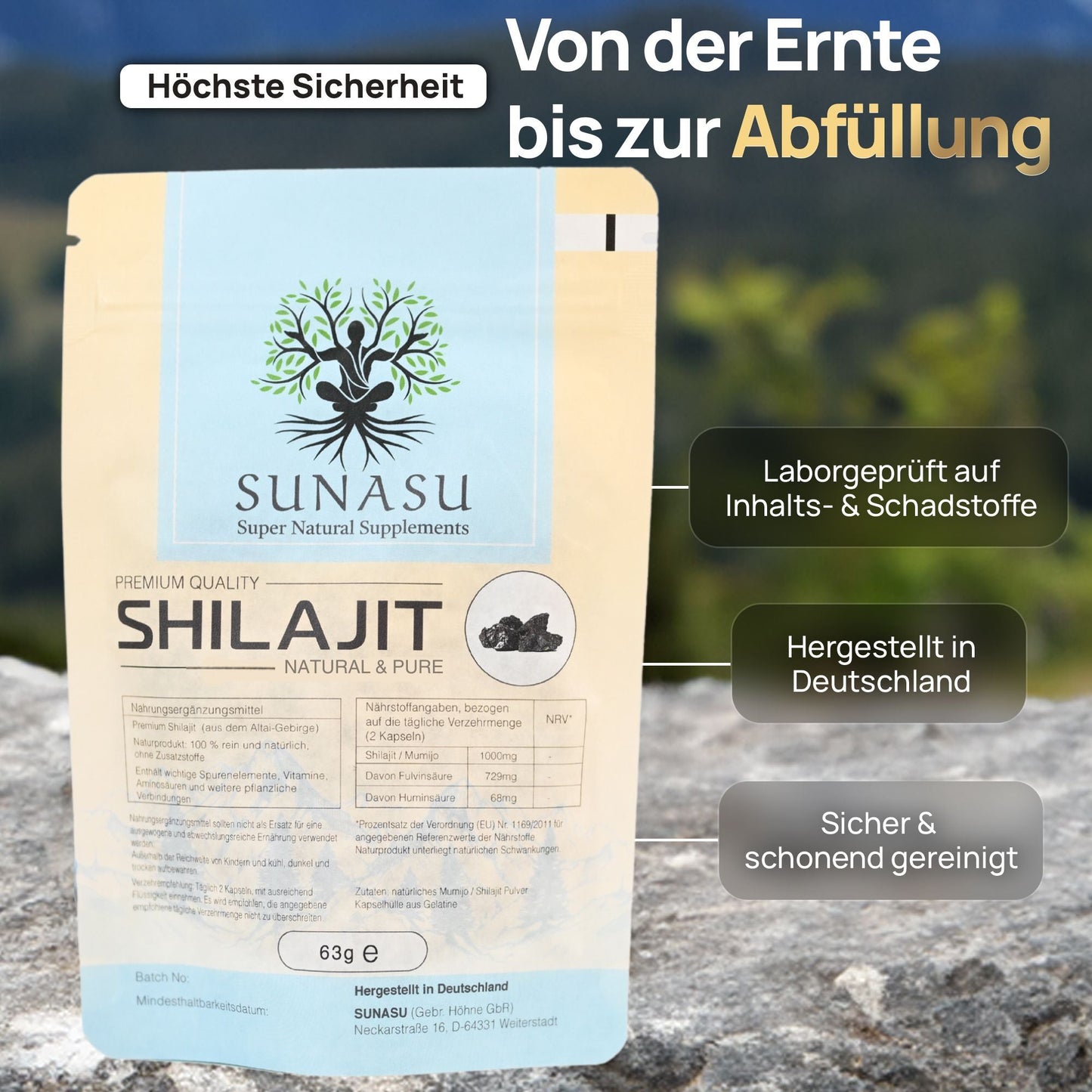 Shilajit 120 Kapseln - 500mg pro Kapsel - 72% Fulvinsäure - Hergestellt in Deutschland - SUNASU Premium Shilajit und Nahrungsergänzungsmittel für mehr Vitalität und Energie