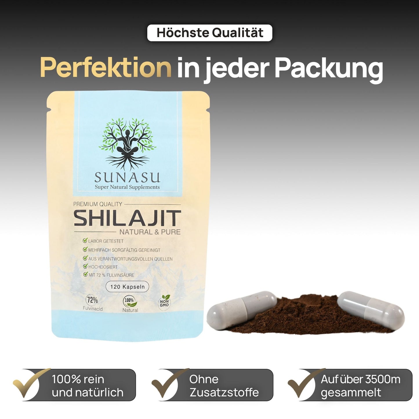 Shilajit 120 Kapseln - 500mg pro Kapsel - 72% Fulvinsäure - Hergestellt in Deutschland - SUNASU Premium Shilajit und Nahrungsergänzungsmittel für mehr Vitalität und Energie