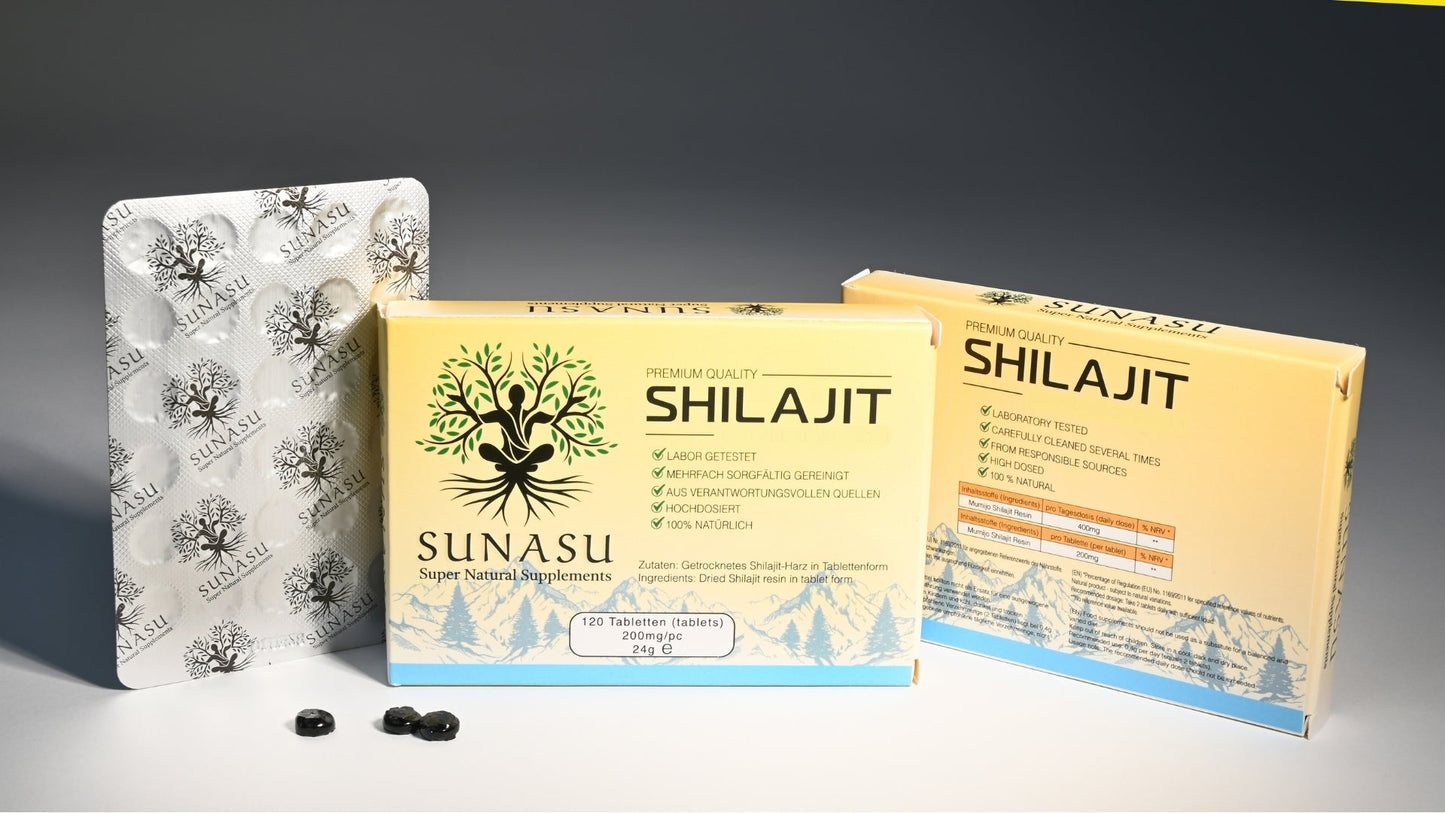 Shilajit - 120 Tabletten - 200mg pro Tablette - Hergestellt in Deutschland - SUNASU Premium Shilajit und Nahrungsergänzungsmittel für mehr Vitalität und Energie