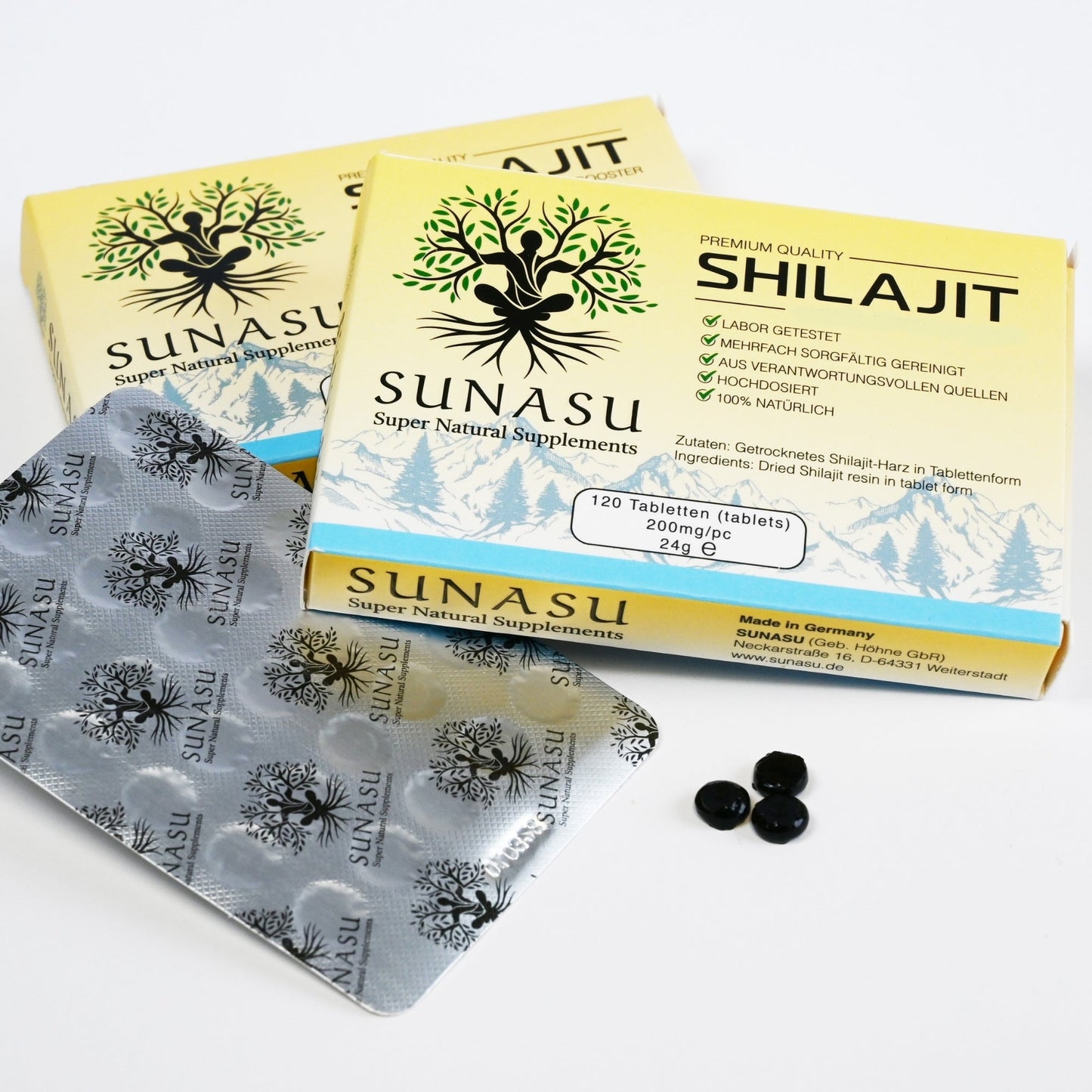 Shilajit - 120 Tabletten - 200mg pro Tablette - Hergestellt in Deutschland - SUNASU Premium Shilajit und Nahrungsergänzungsmittel für mehr Vitalität und Energie