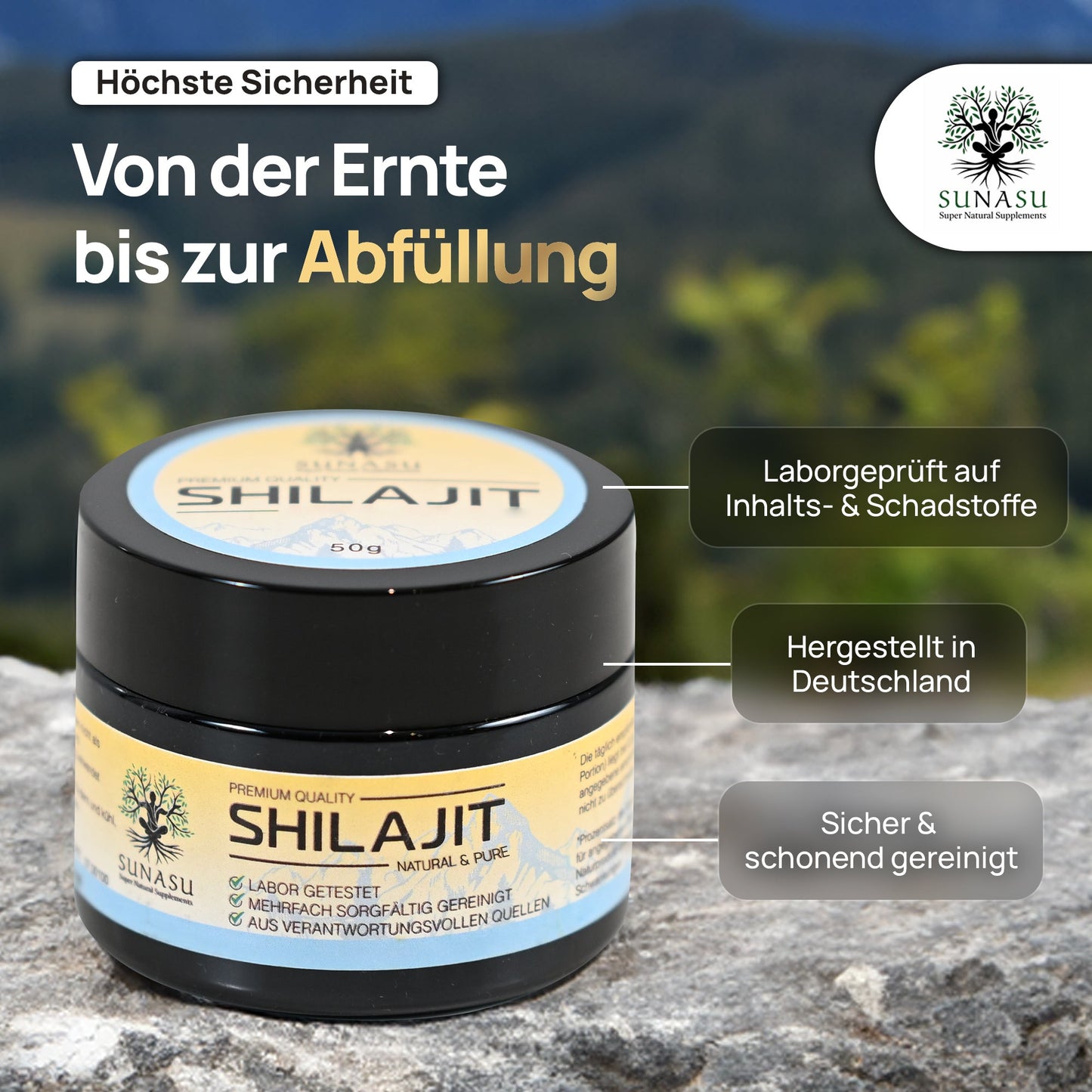 Shilajit Harz - 65 - 80% Fulvinsäure, 84+ Mineralien - Hergestellt in Deutschland - SUNASU Premium Shilajit und Nahrungsergänzungsmittel für mehr Vitalität und Energie
