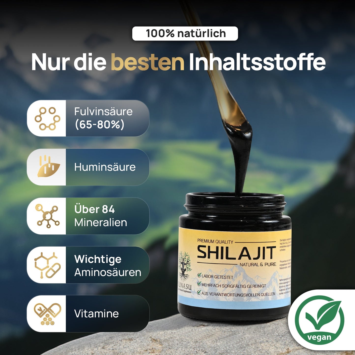 Shilajit Harz - 65 - 80% Fulvinsäure, 84+ Mineralien - Hergestellt in Deutschland - SUNASU Premium Shilajit und Nahrungsergänzungsmittel für mehr Vitalität und Energie