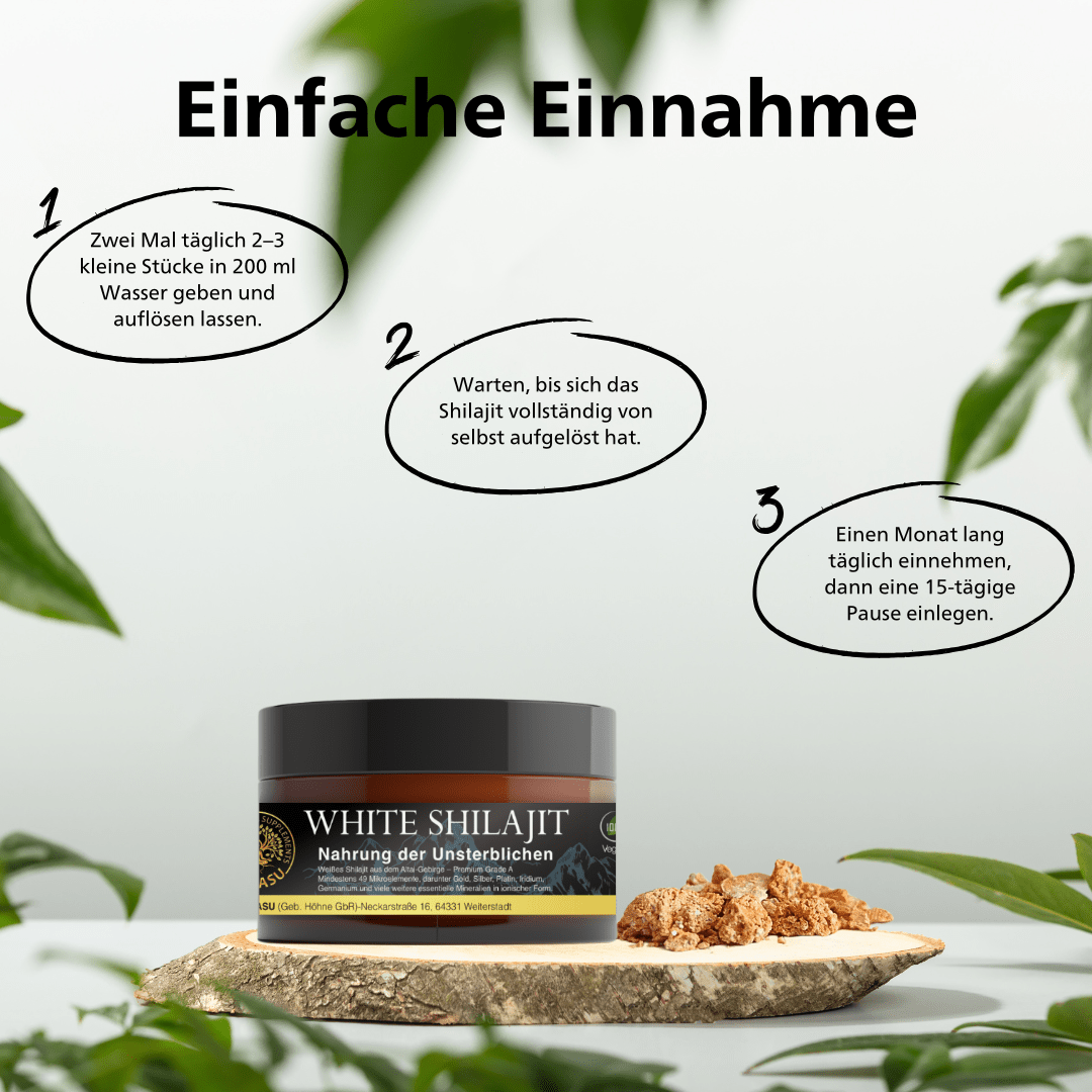 Weißes Shilajit Mineral Extrakt 20g - Steinöl - Hergestellt in Deutschland - SUNASU Premium Shilajit und Nahrungsergänzungsmittel für mehr Vitalität und Energie