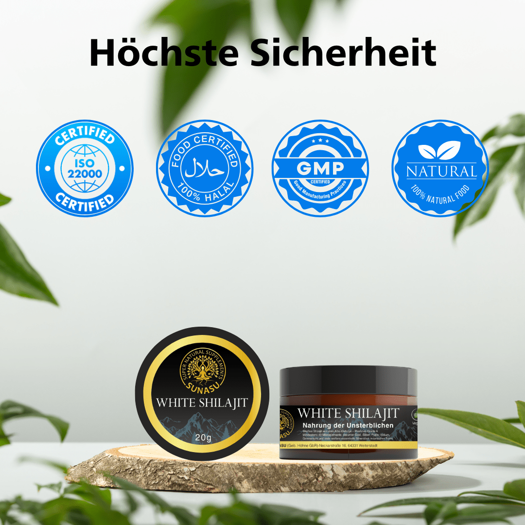 Weißes Shilajit Mineral Extrakt 20g - Steinöl - Hergestellt in Deutschland - SUNASU Premium Shilajit und Nahrungsergänzungsmittel für mehr Vitalität und Energie