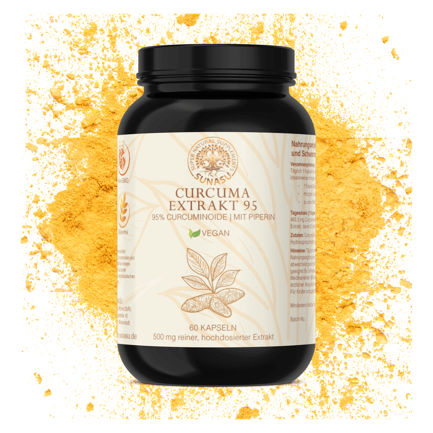 Curcuma Extrakt 95 % hochdosiert + Piperin - 23.275mg Kurkuma/Kapsel - SUNASU Premium Shilajit und Nahrungsergänzungsmittel für mehr Vitalität und Energie