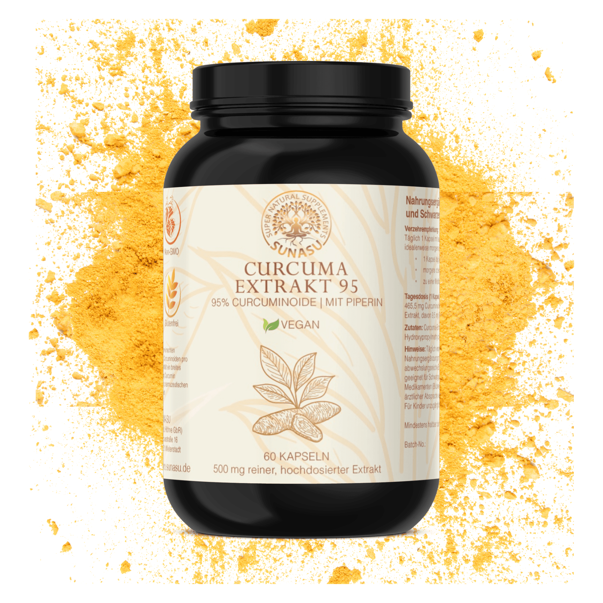 Curcuma Extrakt 95 % hochdosiert + Piperin - 23.275mg Kurkuma/Kapsel - SUNASU Premium Shilajit und Nahrungsergänzungsmittel für mehr Vitalität und Energie