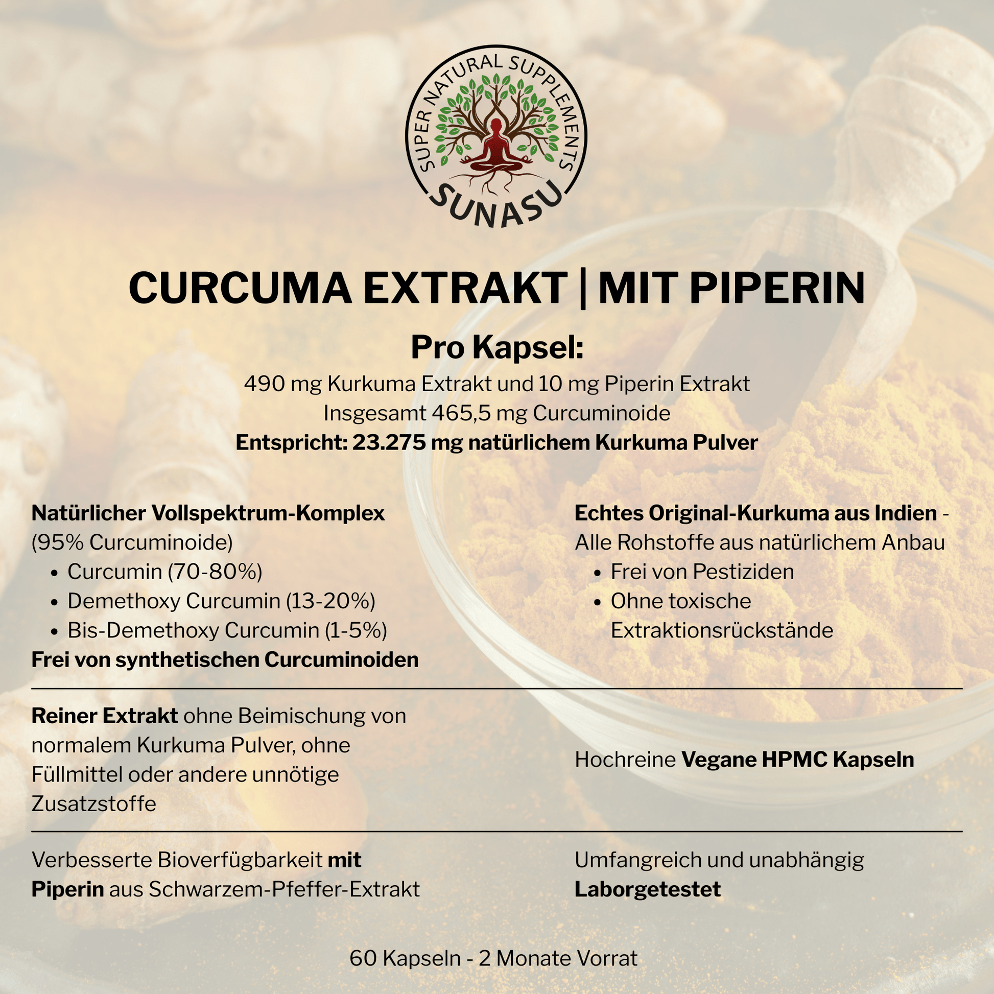 Curcuma Extrakt 95 % hochdosiert + Piperin - 23.275mg Kurkuma/Kapsel - SUNASU Premium Shilajit und Nahrungsergänzungsmittel für mehr Vitalität und Energie