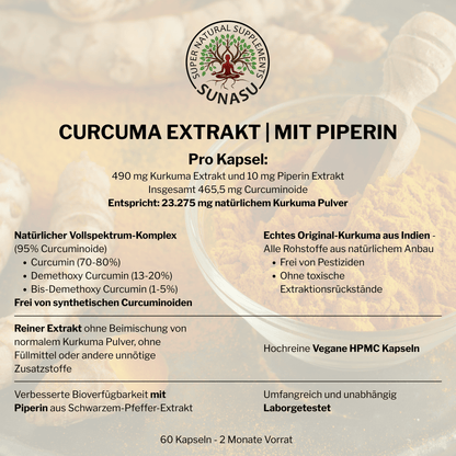 Curcuma Extrakt 95 % hochdosiert + Piperin - 23.275mg Kurkuma/Kapsel - SUNASU Premium Shilajit und Nahrungsergänzungsmittel für mehr Vitalität und Energie