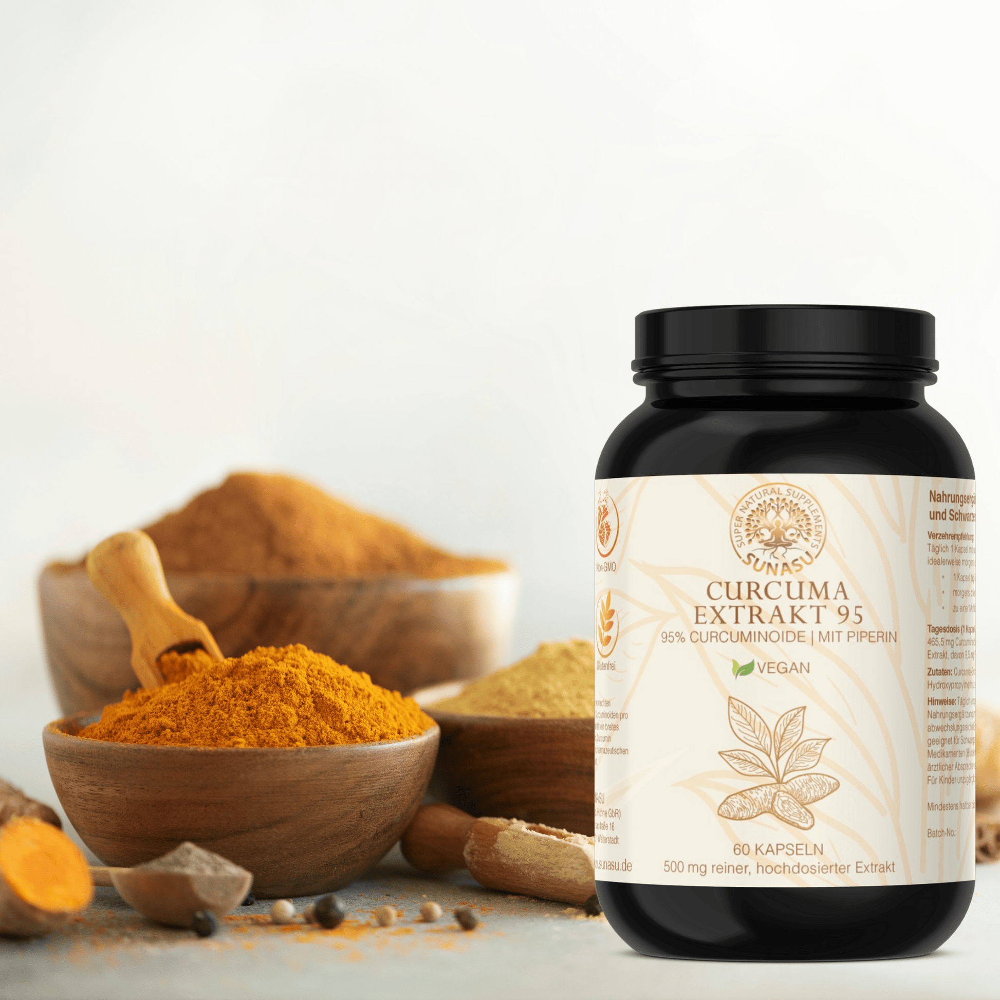 Curcuma - Extrakt 95 % + Piperin - Extrakt - 60 Kapseln - SUNASU Premium Shilajit und Nahrungsergänzungsmittel für mehr Vitalität und Energie