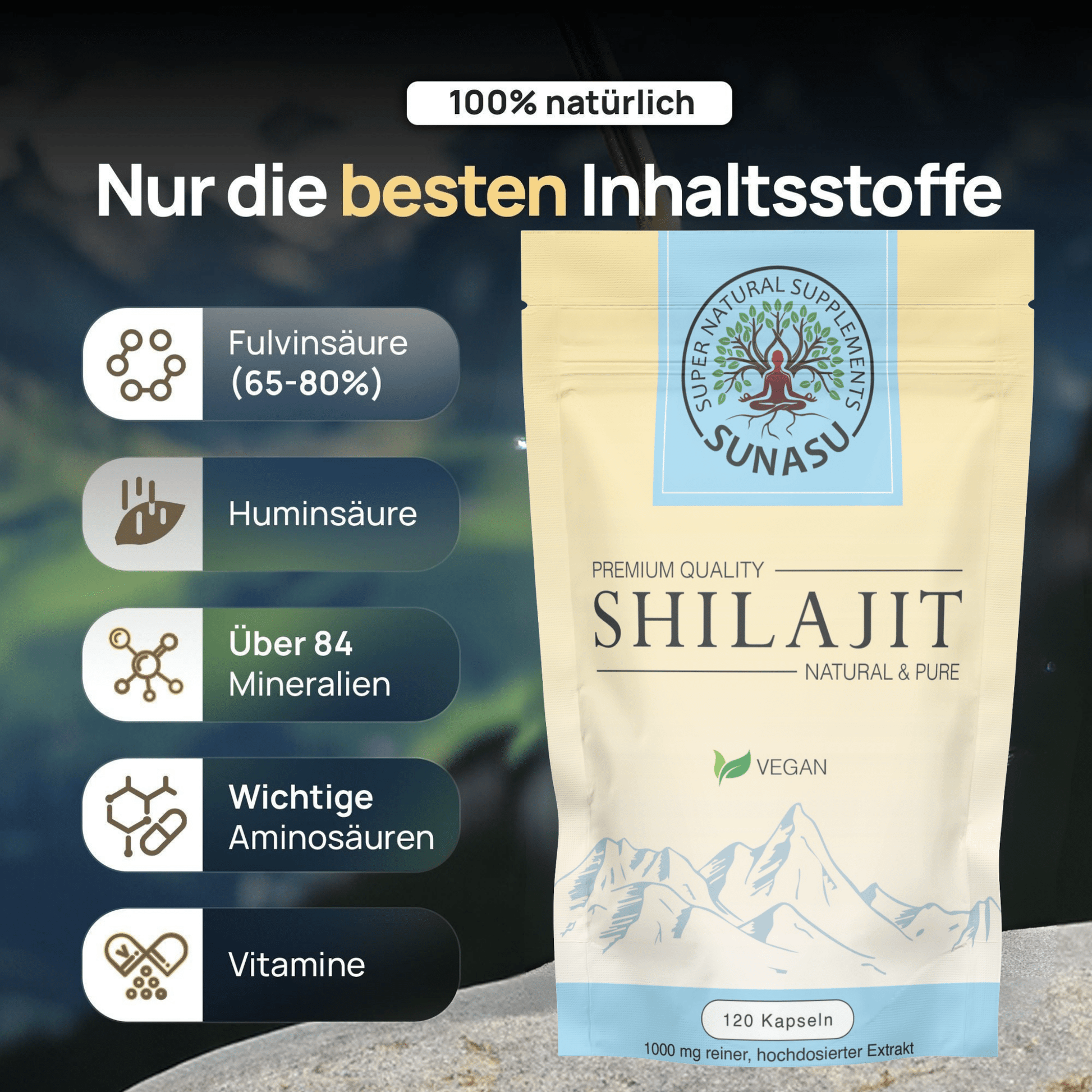 Shilajit 120 Kapseln - 500mg pro Kapsel - 72% Fulvinsäure - SUNASU Premium Shilajit und Nahrungsergänzungsmittel für mehr Vitalität und Energie