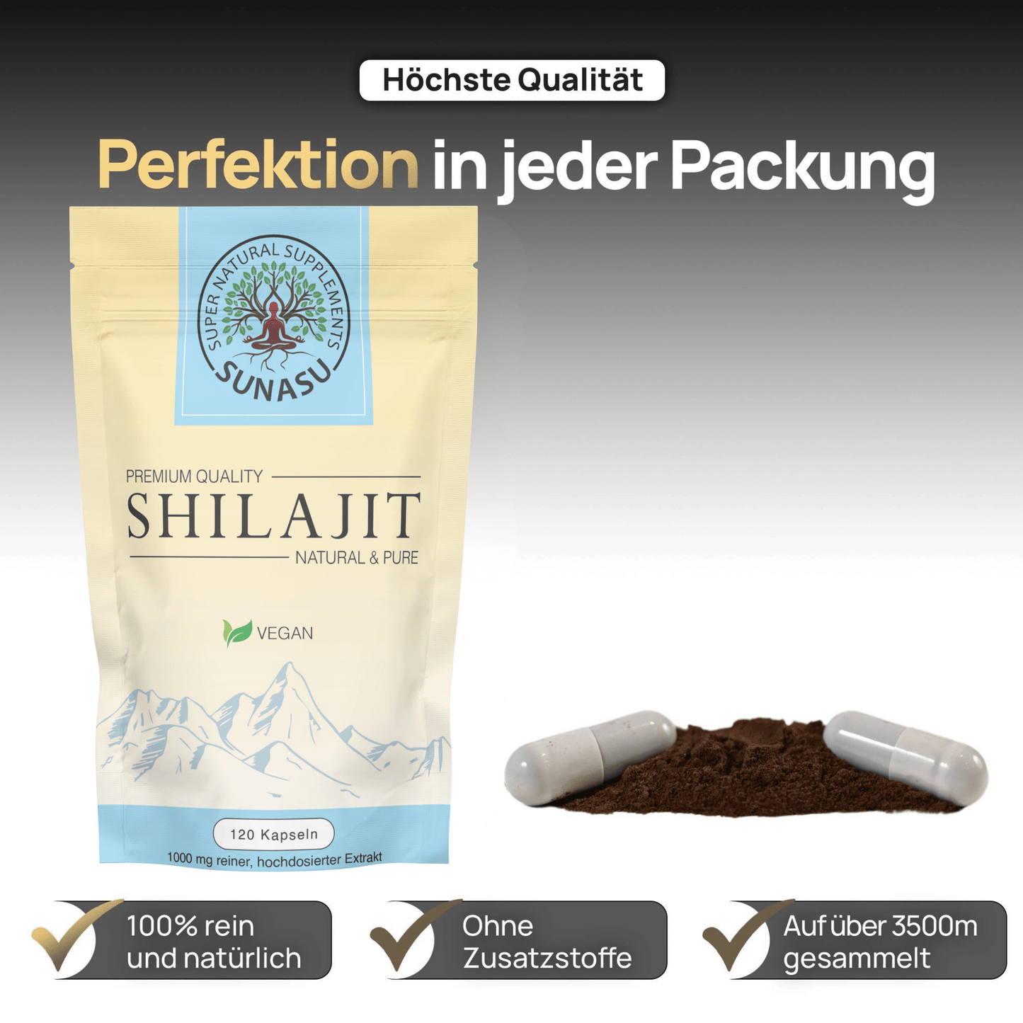 Shilajit 120 Kapseln - 500mg pro Kapsel - 72% Fulvinsäure - SUNASU Premium Shilajit und Nahrungsergänzungsmittel für mehr Vitalität und Energie