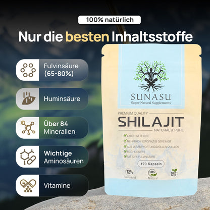 Shilajit 120 Kapseln - 500mg pro Kapsel - 72% Fulvinsäure - Hergestellt in Deutschland - SUNASU Premium Shilajit und Nahrungsergänzungsmittel für mehr Vitalität und Energie