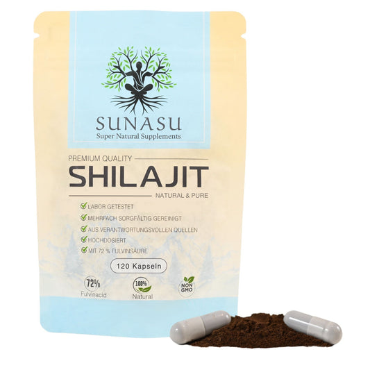 Shilajit 120 Kapseln - 500mg pro Kapsel - 72% Fulvinsäure - Hergestellt in Deutschland - SUNASU Premium Shilajit und Nahrungsergänzungsmittel für mehr Vitalität und Energie