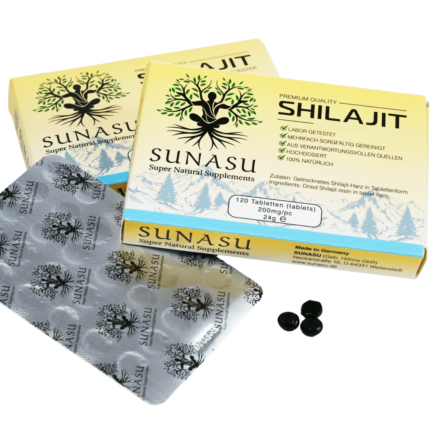 Shilajit - 120 Tabletten - 200mg pro Tablette - SUNASU Premium Shilajit und Nahrungsergänzungsmittel für mehr Vitalität und Energie